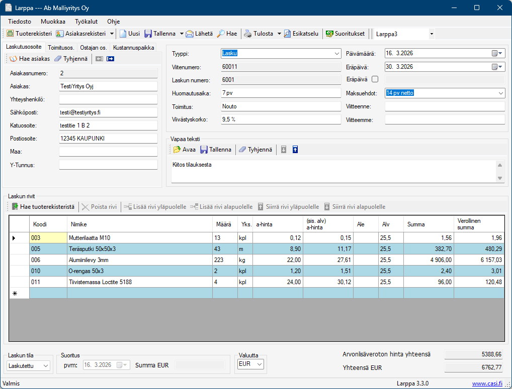 Larppa-laskutusohjelma – päänäkymä
